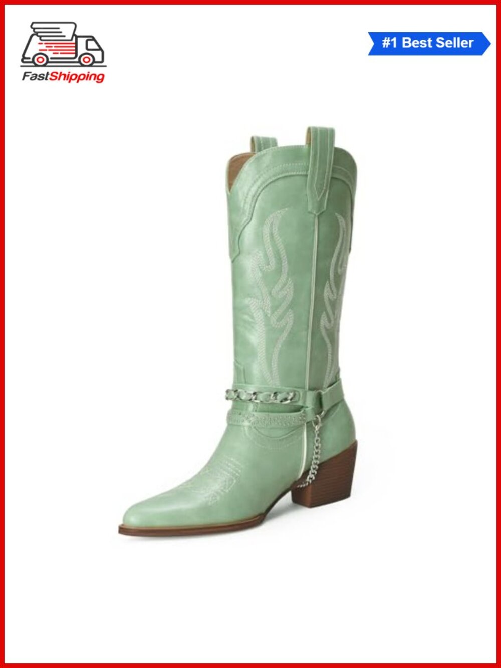 ✨Women's Mid Calf Western Cowboy Boots Faux Leather Pointy Toe Chain Detail